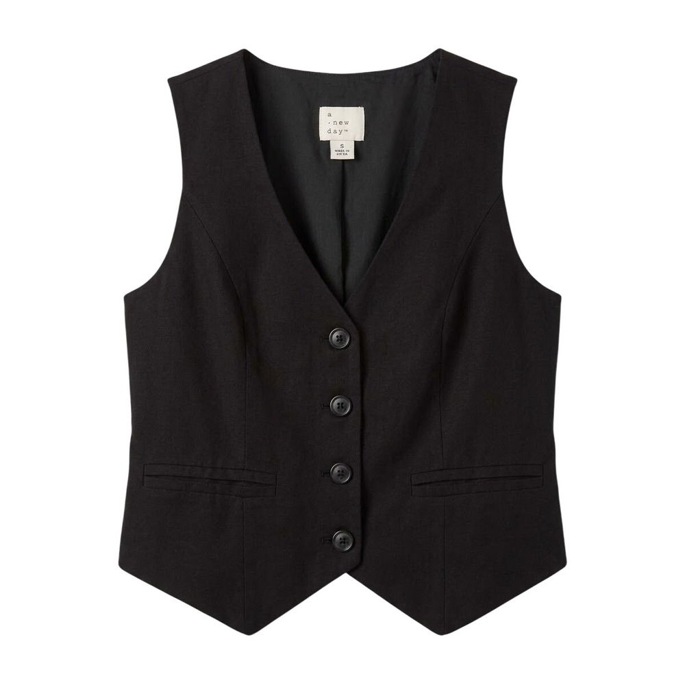 A New Day Button Front Vest Women Small Black Linen Blend Tailored V-Neck